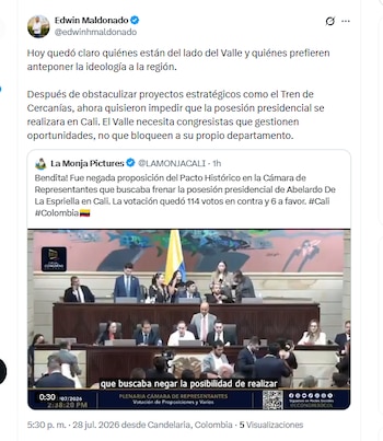 El exsecretario de Desarrollo Económico Cali Edwin Maldonado rechazó proposición para impedir la posesión de Abelardo de la Espriella en Cali, la cual fue negada en la Cámara de Representantes - crédito @edwinhmaldonado/X