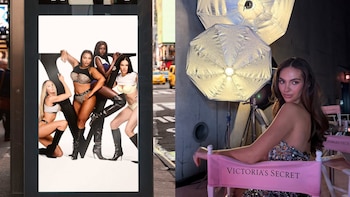 Izquierda: cartel de Victoria's Secret con cuatro modelos diversas en lencería. Derecha: mujer en silla de director con logo Victoria's Secret y luces de estudio