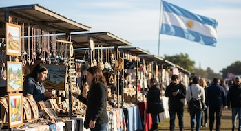 Una mujer morena examina joyas en un puesto de una feria artesanal al aire libre, con otros puestos, personas y la bandera argentina de fondo.
