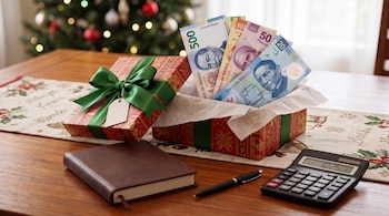 Caja de regalo con billetes de pesos mexicanos, un cuaderno, un bolígrafo y una calculadora sobre una mesa frente a un árbol de Navidad.