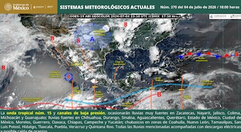 Mapa satelital de México con sistemas meteorológicos: circulaciones, ondas tropicales, canales de baja presión, frente estacionario y nubes
