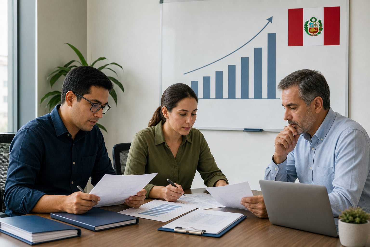 Tres profesionales analizan informes de gestión e indicadores de empleo en una oficina que exhibe un gráfico de crecimiento y la bandera de Perú. (Imagen Ilustrativa Infobae)