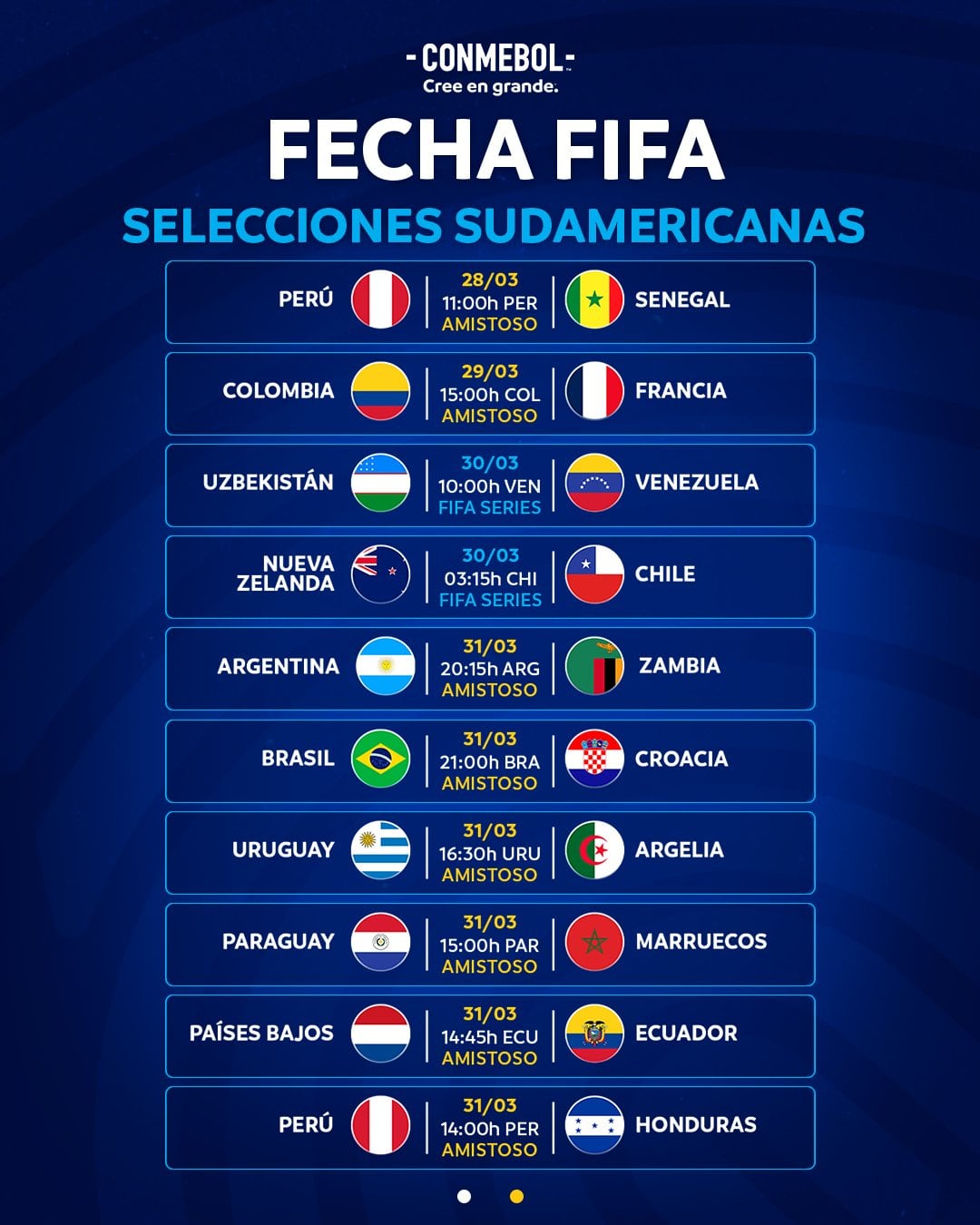 Los segundos amistosos de las selecciones Conmebol en esta fecha FIFA.
