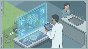 Ilustración de un laboratorio donde un científico maneja una IA para pruebas. Ratones salen de jaulas hacia un área verde. Una persona mira una jaula vacía.