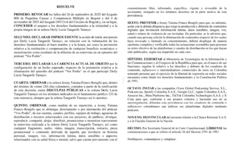 Como medida de no repetición, la Corte prohibió a Franco volver a publicar el contenido relacionado con la historia personal, imagen, voz o datos sensibles de Tamayo sin su autorización, además de exigirle actuar con diligencia frente a contenidos que involucren información íntima o privada - crédito @derlithatamayo/Instagram
