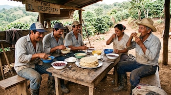 Cinco personas sentadas a una mesa de madera comen tortillas y frijoles bajo un techo con la inscripción Finca El Despertar.