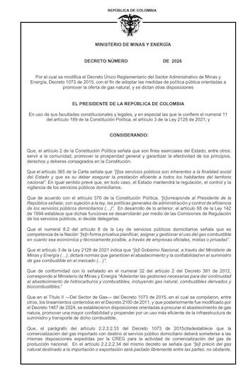 El texto define “Demanda Esencial” para priorizar sectores como usuarios residenciales y pequeños comercios, y reconfigura la figura del “Comercializador de Gas Natural” en escenarios de importación directa - crédito Ministerio de Minas