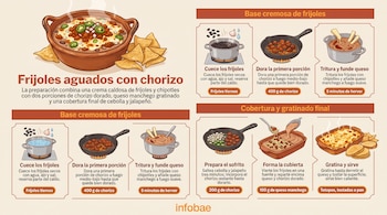Infografía explicativa con un tazón de frijoles con chorizo y varias viñetas que ilustran el proceso de cocción.