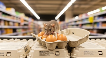 Primer plano de una rata marrón clara con grandes orejas sentada sobre un cartón de huevos abierto con seis huevos en un estante de supermercado.