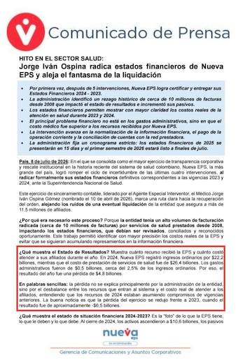 Nueva EPS presentó ante la Superintendencia Nacional de Salud sus estados financieros correspondientes a 2023 y 2024 - crédito @AndresForeroM/x