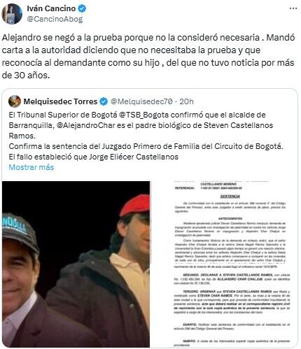 El abogado precisó que Char no vio necesario hacer la prueba de paternidad - crédito @CancinoAbog / X