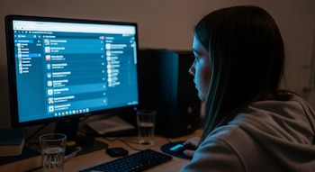 Adolescente sentada frente a un monitor de computadora con pantalla azul, teclado, ratón, dos vasos de agua y libros sobre una mesa.