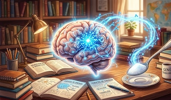 Ilustración digital de un cerebro brillante con actividad eléctrica en un escritorio con libros, lámpara, cuchara de azúcar y textos de neurociencia