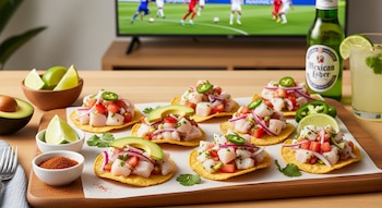 Varias tostadas de ceviche con pescado, aguacate y jalapeño sobre tabla de madera, junto a limones y especias. Una cerveza y televisor con fútbol de fondo.