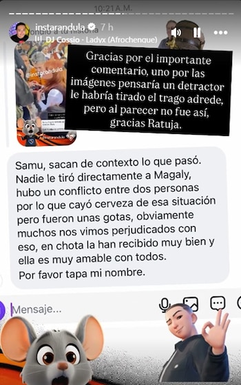 Una asistente y seguidora de Instarandula aseguró que el derrame de cerveza habría ocurrido en medio de una pelea que afectó a varias personas del entorno. IG