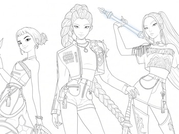 En Gemini, la creación de una imagen para colorear de Las Guerreras K-pop parte de una foto de referencia con pose dinámica, atuendo detallado y buena iluminación.