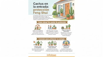 Infografía con una casa de madera, macetas con cactus en la entrada y seis recuadros con ilustraciones explicativas y texto.