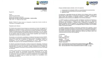 Carta enviada por la UNGRD a la Cancillería en medio de la emergencia por el terremoto, cuya interpretación generó la polémica sobre la llegada de equipos internacionales de búsqueda y rescate - crédito Javier Pava/X