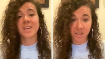 Dos capturas de pantalla contiguas de una mujer con cabello rizado oscuro y pendientes de aro que habla hacia la cámara