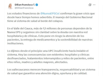 La gobernadora del Valle del Cauca, Dilian Francisca Toro, señaló que los problemas de financiación del sistema de salud han sido advertidos por varios mandatarios regionales - crédito @DilianFrancisca/X