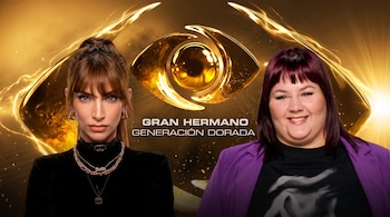 Dos mujeres posan frente a un fondo dorado con el logotipo en forma de ojo y el texto Gran Hermano Generación Dorada.