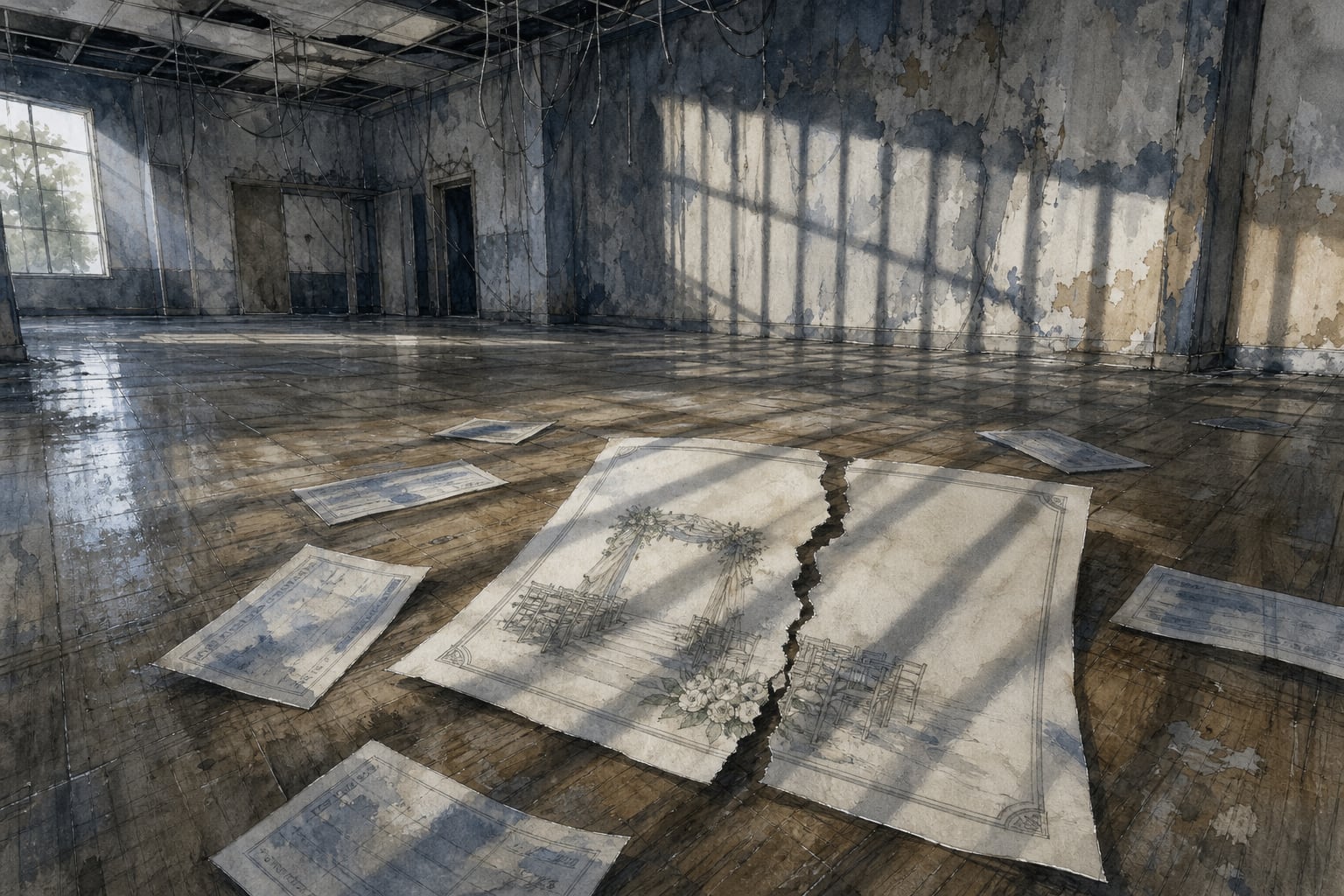 Un salón de eventos desmantelado en Managua conserva en el suelo un contrato de bodas roto mientras proyecta la sombra de unos barrotes. (Imagen Ilustrativa Infobae)