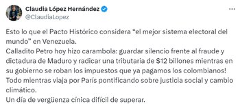 Claudia López volvió a cuestionar el silencio de Gustavo Petro ante la jornada electoral en Venezuela - crédito @ClaudiaLopez/X