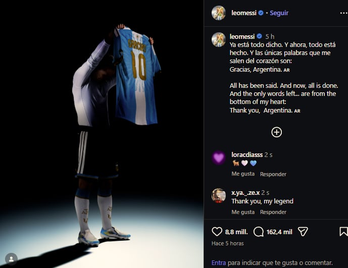 Lionel Messi publica un mensaje de agradecimiento en sus redes sociales tras su partido despedida de la selección argentina de fútbol