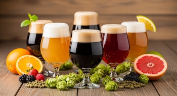 Primer plano de seis vasos de cerveza artesanal de colores variados con espuma, rodeados de lúpulos, cítricos y bayas, sobre mesa de madera.