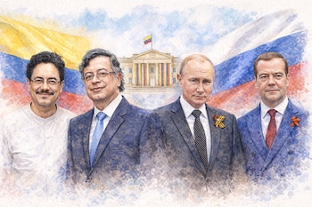 Ilustración en acuarela de cuatro hombres: Gustavo Petro, Iván Cepeda, Vladimir Putin y Dmitri Medvédev, con banderas de Colombia y Rusia y la Casa de Nariño al fondo.