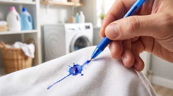 Mano sostiene bolígrafo azul que goteó tinta azul sobre tela blanca, formando una mancha. Fondo desenfocado con lavadora, estantes y productos de limpieza.