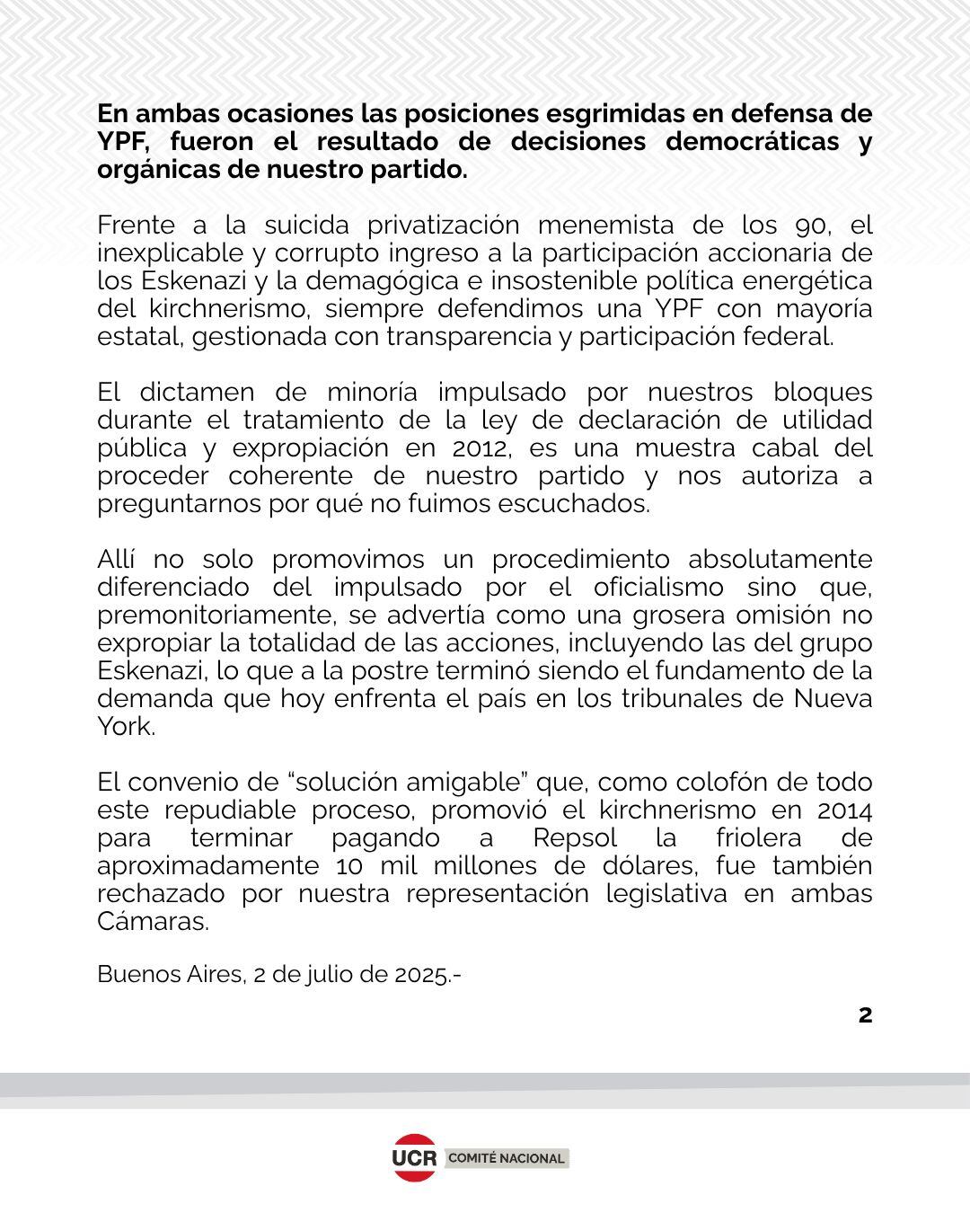 El comunicado de la UCR sobre el fallo contra YPF
