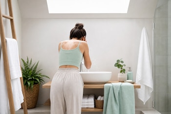 Persona de espaldas inclinada sobre un lavabo blanco lavándose la cara con agua, junto a plantas y toallas en un baño.