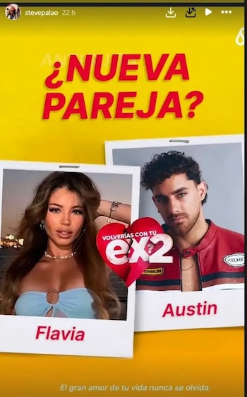 Imagen promocional con fondo amarillo. Muestra fotos de Flavia Laos y Austin Palao. Un corazón roto con "Volverías con tu ex? 2" los separa