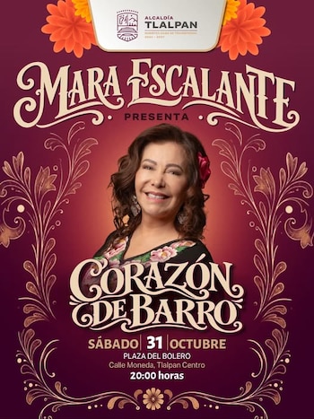 Cartel con el retrato de Mara Escalante, el logotipo de la alcaldía Tlalpan, fechas del evento y adornos florales sobre un fondo color guinda