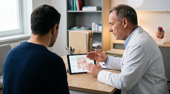 Un médico con bata blanca habla con un hombre de espaldas frente a una tableta que muestra un diagrama del aparato digestivo.