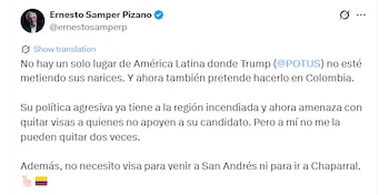 El exmandatario colombiano ironizó sobre las versiones relacionadas con posibles sanciones migratorias al afirmar que no le preocupa una eventual cancelación de visa - crédito @ernestosamperp/X