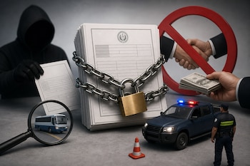 Un montón de papeles encadenados, un vehículo policial, dinero, un icono de prohibición sobre dos manos y una lupa enfocando un autobús.
