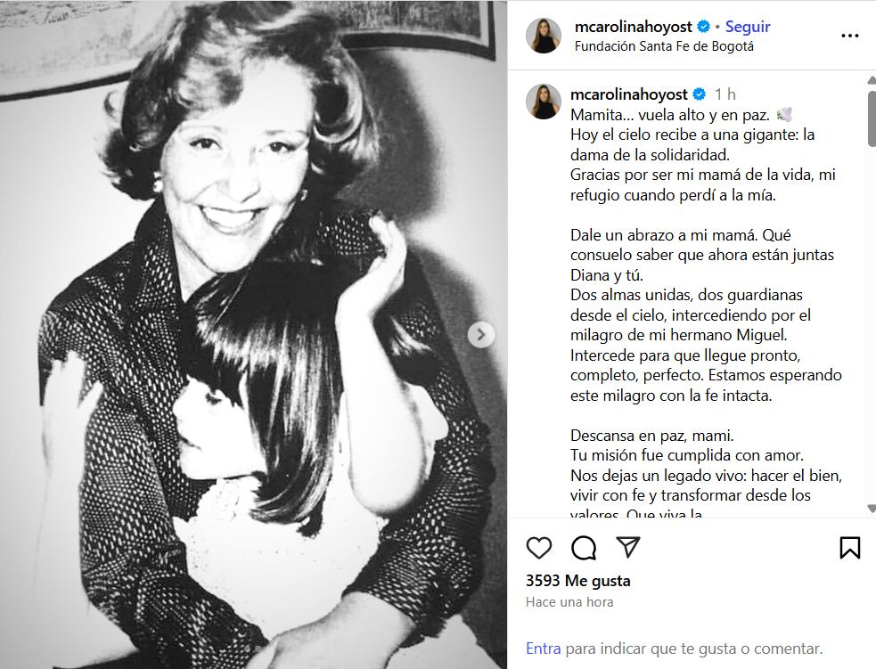 La hermana del senador Miguel Uribe Turbay confirmó el fallecimiento de su abuela en sus redes sociales - crédito @mcarolinahoyost/Instagram