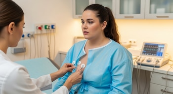 Una profesional de la salud coloca electrodos en el pecho de una paciente que viste una bata azul. Una máquina de electrocardiograma está en el fondo.