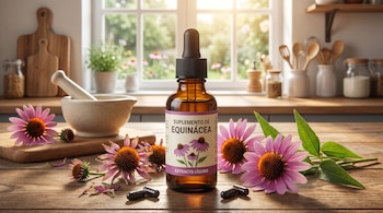 Botella de extracto líquido de equinácea, flores de equinácea de pétalos morados y cápsulas negras sobre una mesa de madera en una cocina luminosa.