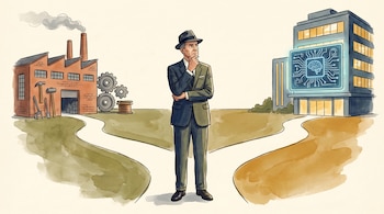 Ilustración de un hombre con traje en un cruce de caminos entre una fábrica tradicional y un edificio con una pantalla de circuitos.