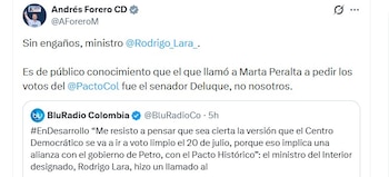 Andrés Forero rechazó las versiones que relacionaban al uribismo con una posible estrategia conjunta con sectores de izquierda para definir la mesa directiva del Senado - crédito @AForeroM/X