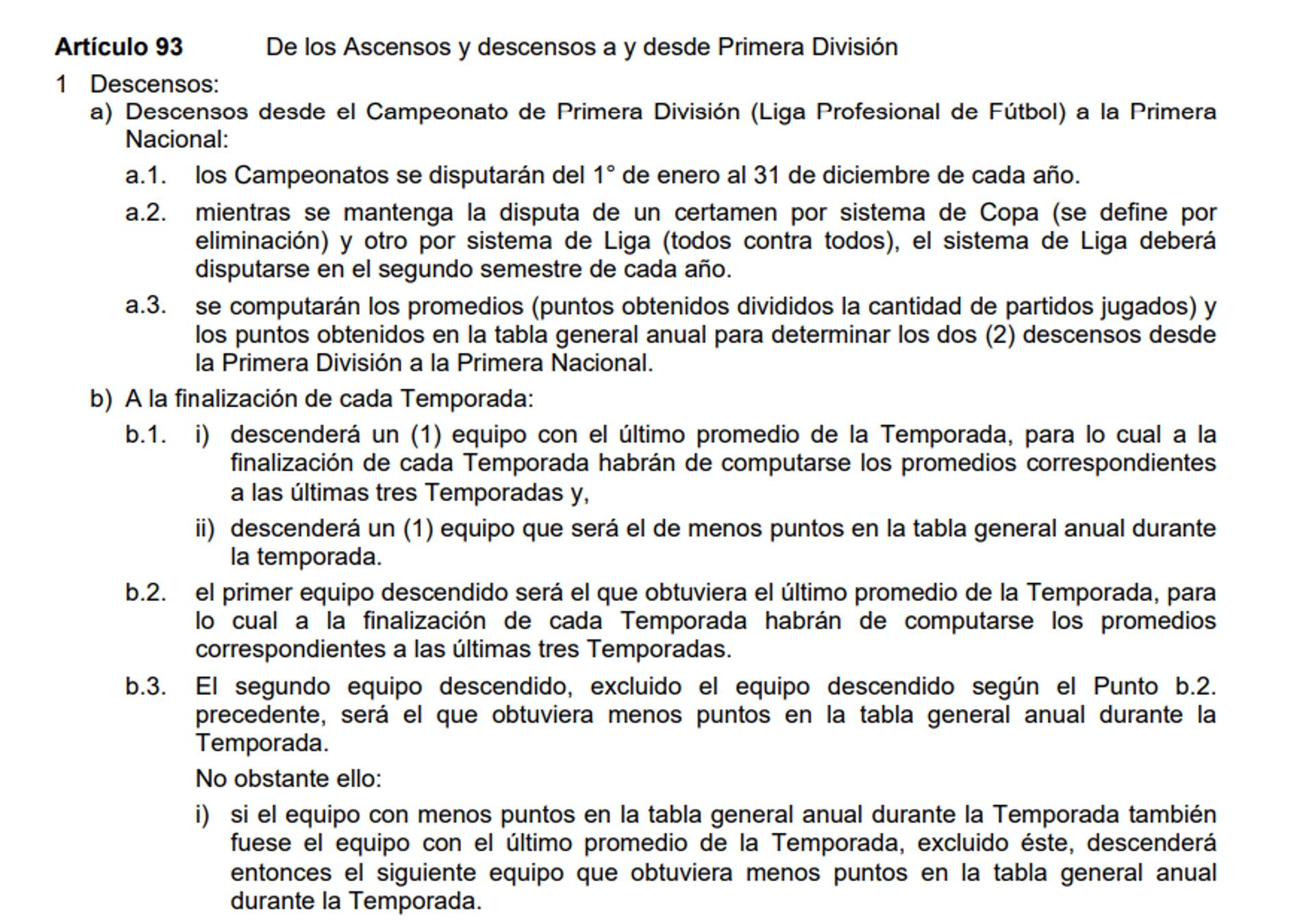 El Artículo 93 de la AFA que detalla los descensos en la Liga Profesional