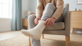 Un adulto sentado en una silla se pone una media blanca sin costuras en el pie. Se ven las piernas y el torso; el rostro está fuera de encuadre. Fondo doméstico simple.