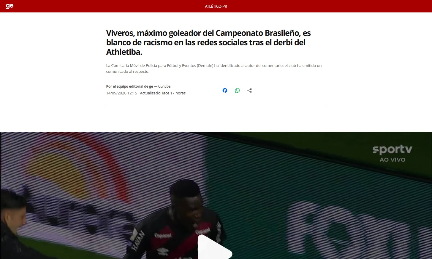 Kevin Viveros fue víctima de racismo, y el Athletico Paranaense se pronunció-crédito Globo Esporte