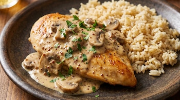 Pechuga de pollo dorada cubierta con crema de champiñones y mostaza en grano junto a una porción de arroz pilaf sobre un plato oscuro.