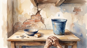 Ilustración de una mesa con monedas, pan, un balde azul bajo una gota de agua, manos cruzadas y una pared agrietada.