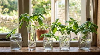 Cinco recipientes de vidrio con agua y esquejes de albahaca con raíces se encuentran en la repisa de madera de una ventana abierta.