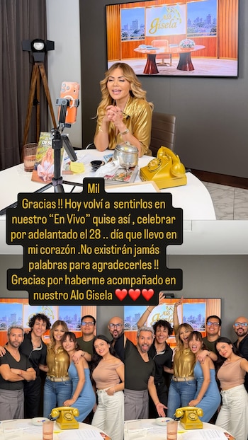 Collage de imágenes con Gisela Valcárcel ante un teléfono dorado antiguo, un recuadro de texto y dos fotos grupales con su equipo de trabajo